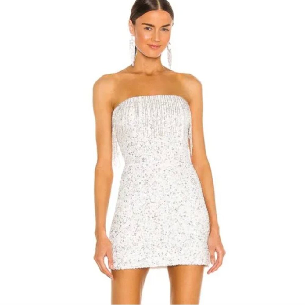 RETROFETE Cassandra White Mini Sequin Beaded Fringe Dress XS X SMALL